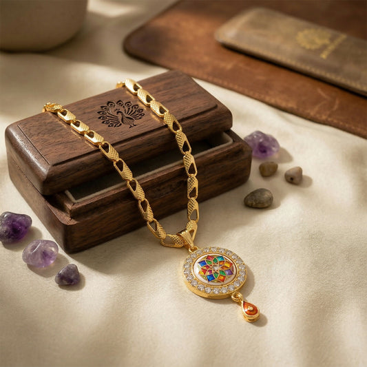 Designer Gold Pendant Necklace with Colorful Stone Mandala