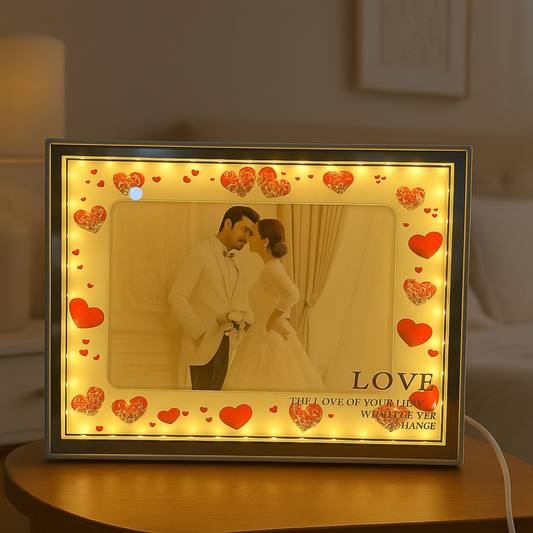 Romantic Heart-Themed LED Photo Frame for Couples | Warm Light Illuminated 5x7 Picture Frame with Red Heart Decorations | Anniversary, Wedding & Valentine Gift for Partner | Tabletop Decorative Night Lamp – USB Powered