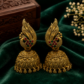 Antique Gold Designer Jhumka Earrings with Red & Green Stones | Traditional Ethnic Bell Jhumka Earrings for Women