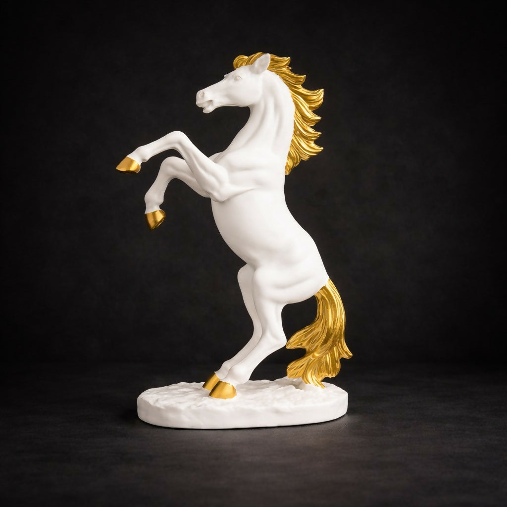 Side view of white gold rearing horse statue