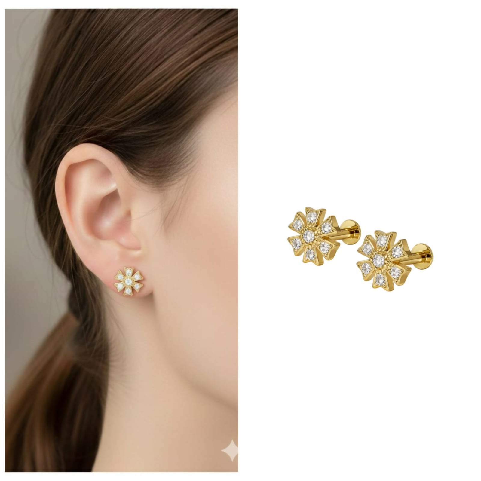 Close up of radiant gold plated floral crystal flat back stud earrings showing clear crystals