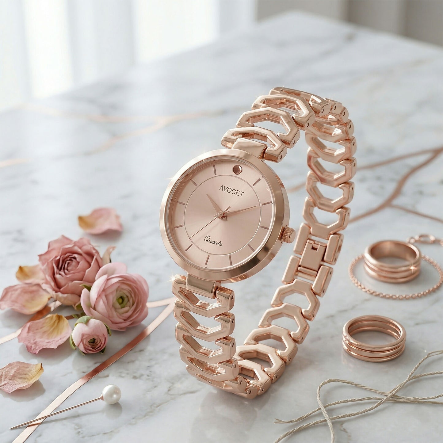 Side view of rose gold bracelet wrist watch