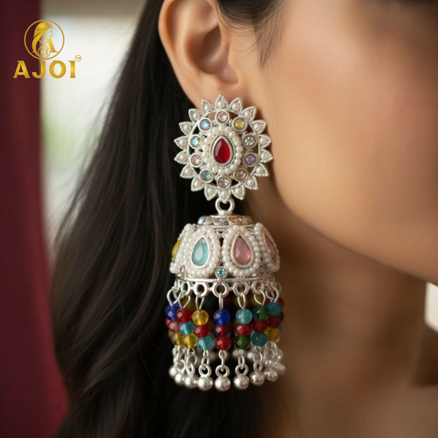 Heirloom-Inspired Silver Kundan Jhumka Earrings with Multicolor Bead Tassels & Pearl Accents