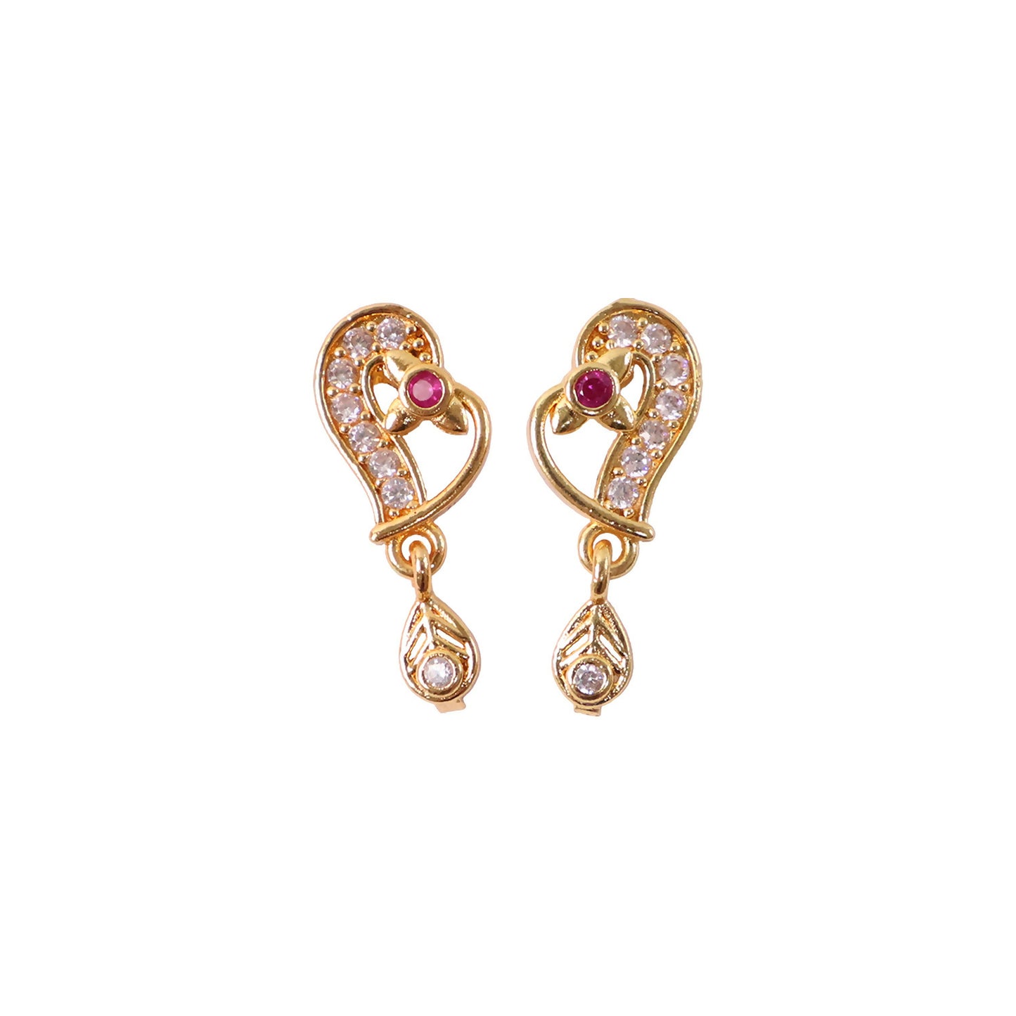 Elegant Gold Paisley Drop Earrings with Ruby Accent