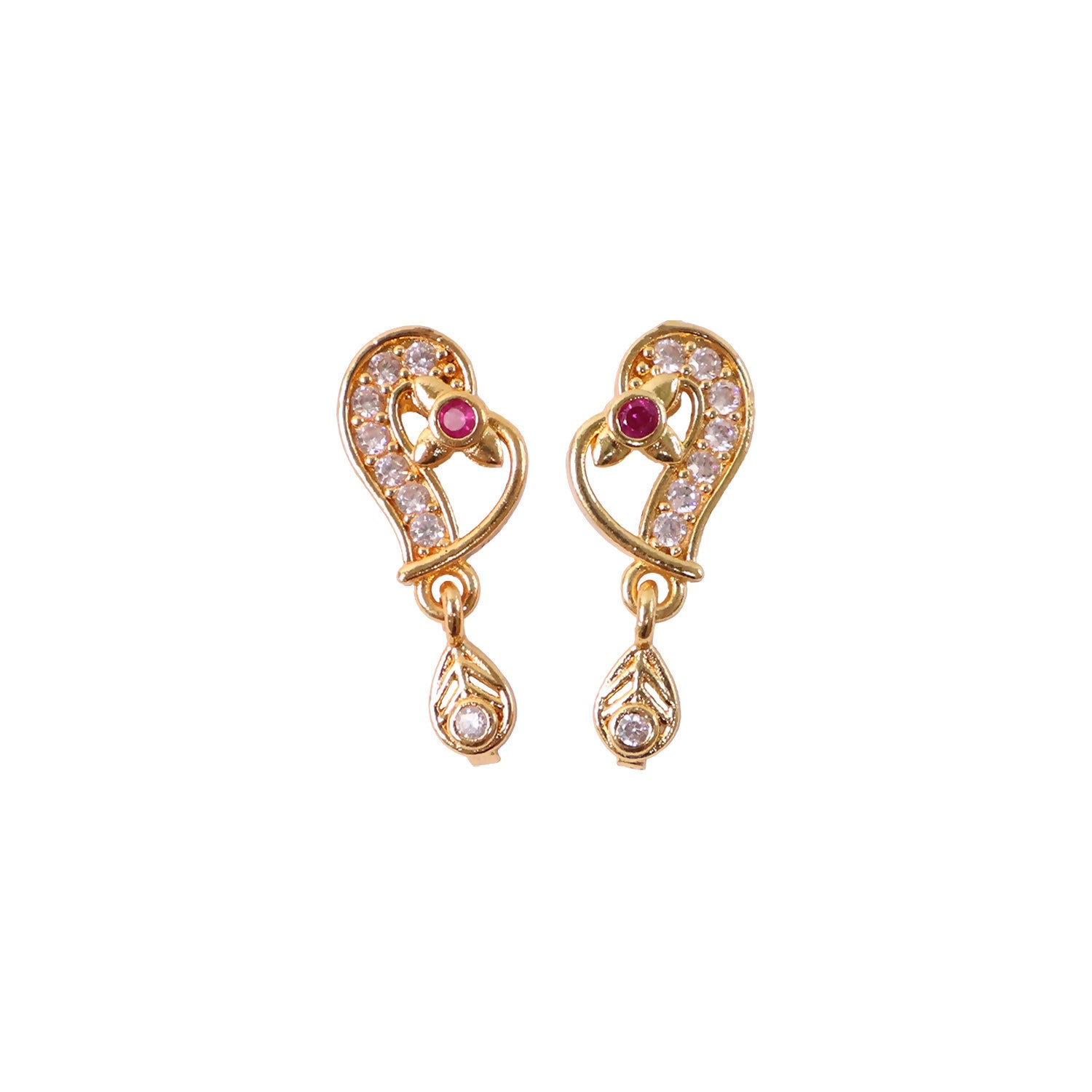 Elegant Gold Paisley Drop Earrings with Ruby Accent
