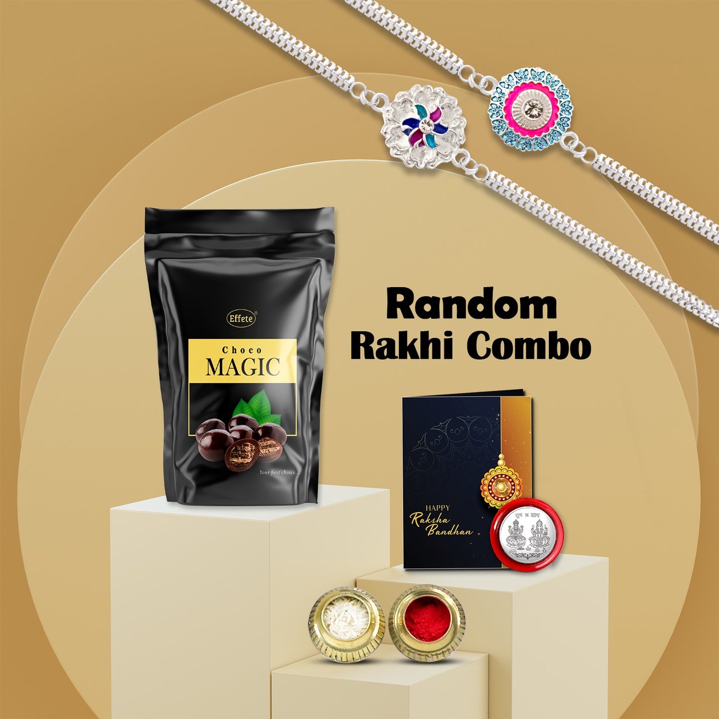 Choco Magic 2 Random Rakhi Gift Combo with Greeting Card, Coin & Roli Chawal