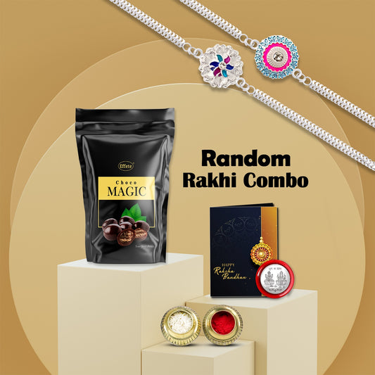 Choco Magic 2 Random Rakhi Gift Combo with Greeting Card, Coin & Roli Chawal