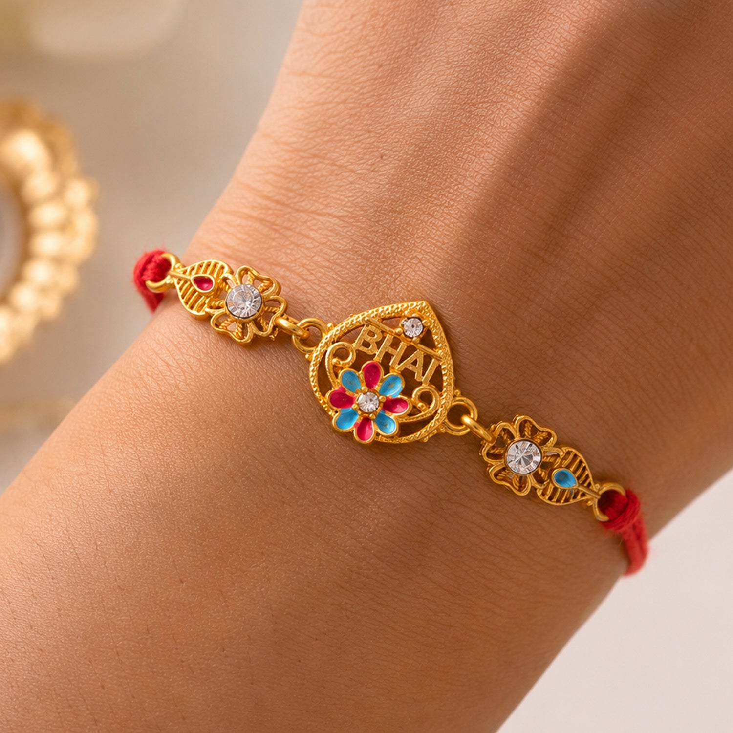 Designer Rakhi featuring BHAI Floral Plaque, clean frame and display look for Gifting