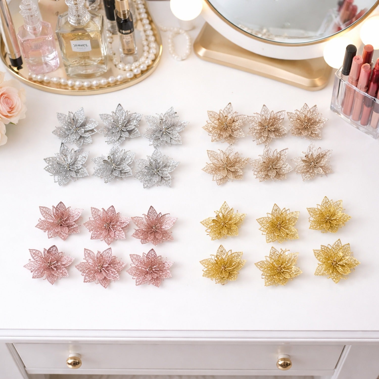 Glitter Flower Hair Clip Set (6 Pc Mix Color Set)