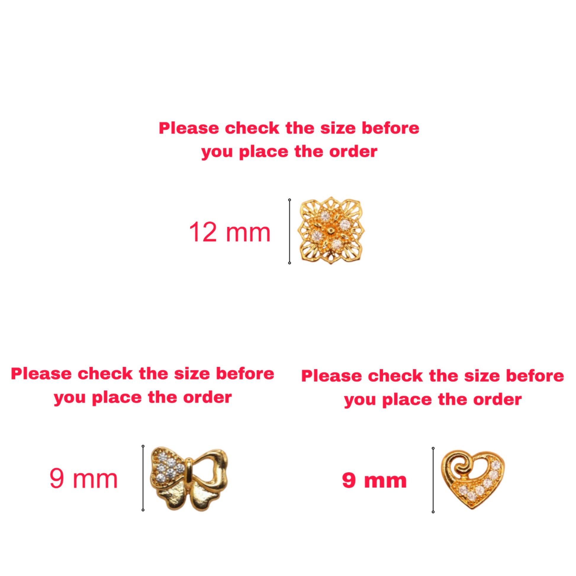 Set of three gold plated stud earrings featuring butterfly, flower, and heart motifs