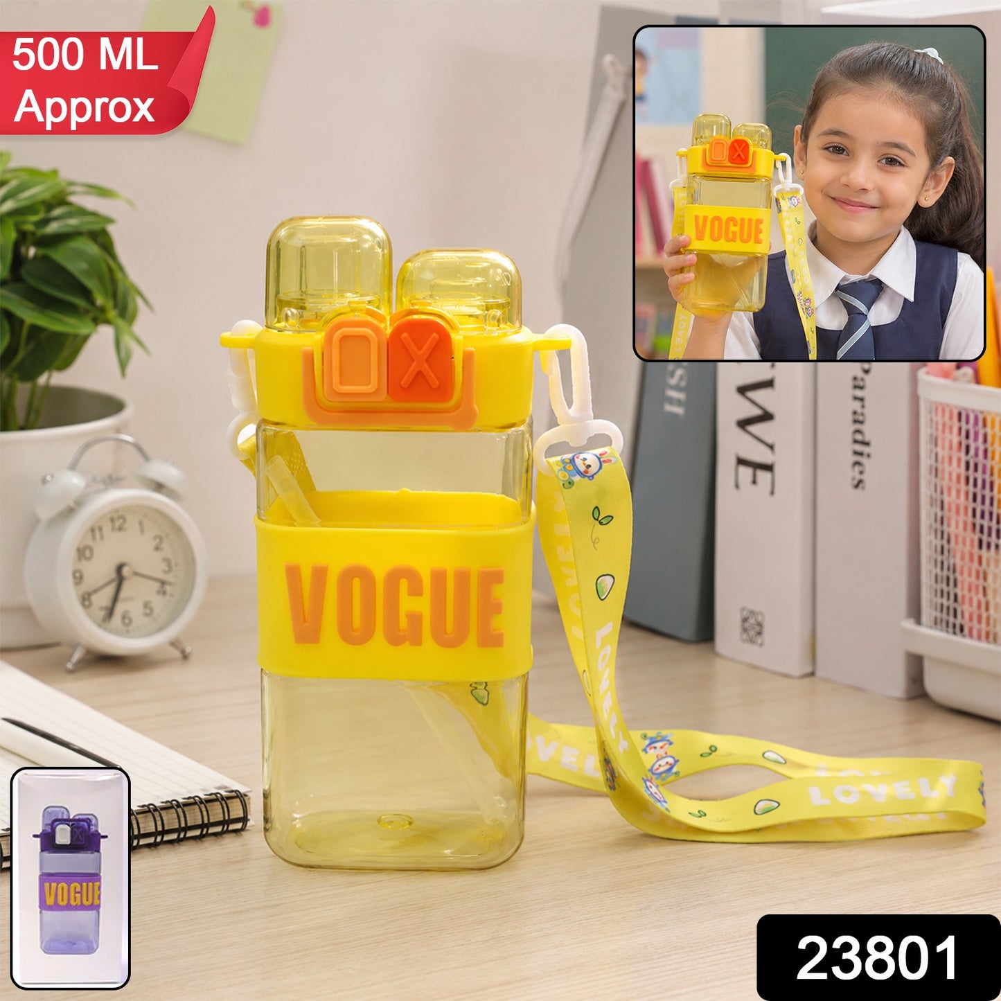 Girls Dual Compartment Plastic Water Bottle Leakproof Carry Strap (1 Pc)