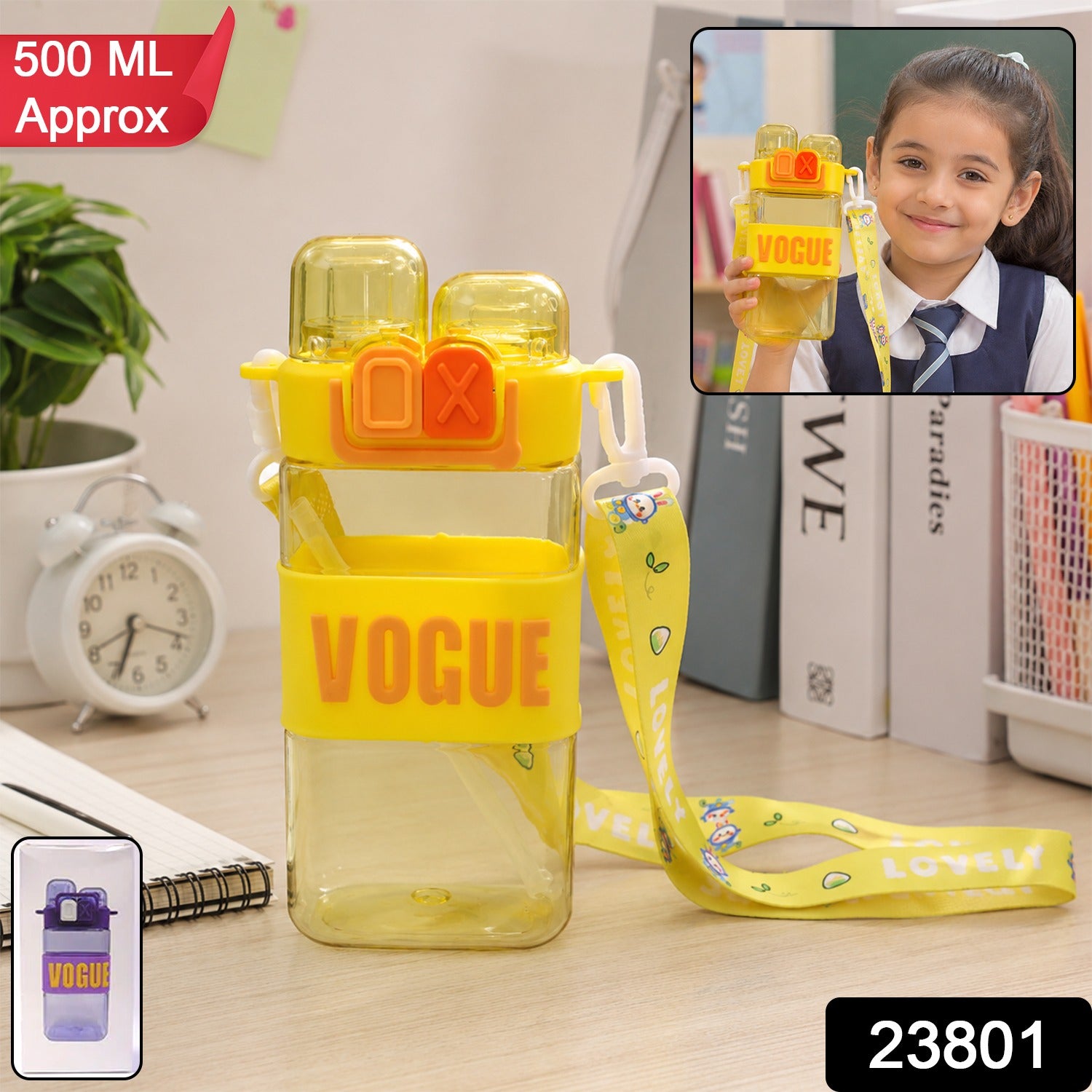 Girls Dual Compartment Plastic Water Bottle Leakproof Carry Strap (1 Pc)