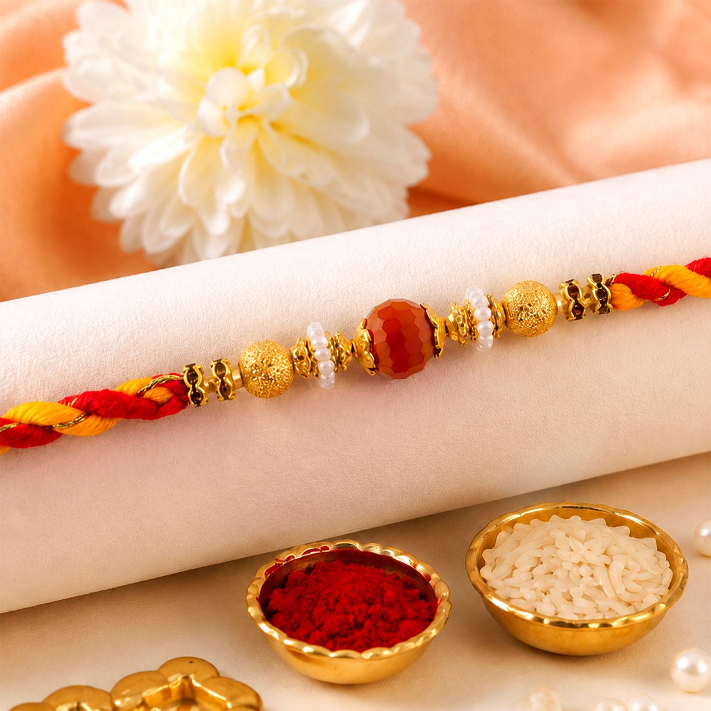 Beautiful Pearl Bead Rakhi with Soft Festive Shades and Elegant Designer Look