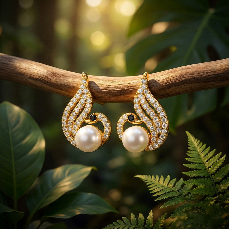 Pearl Swan Stud Earrings with Crystal Wings and Gold Finish for Women
