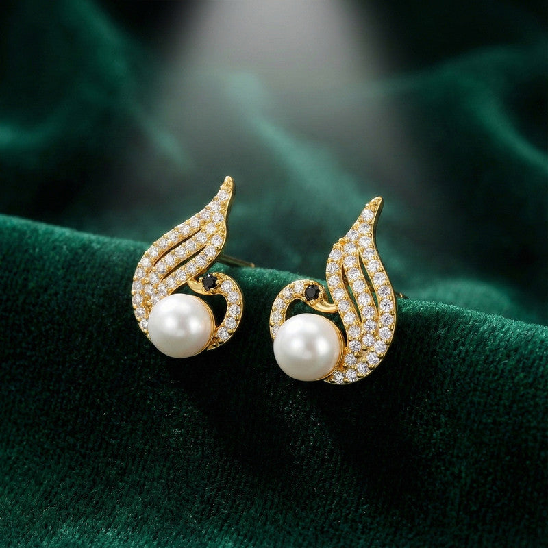 Pearl Swan Stud Earrings with Crystal Wings and Gold Finish for Women