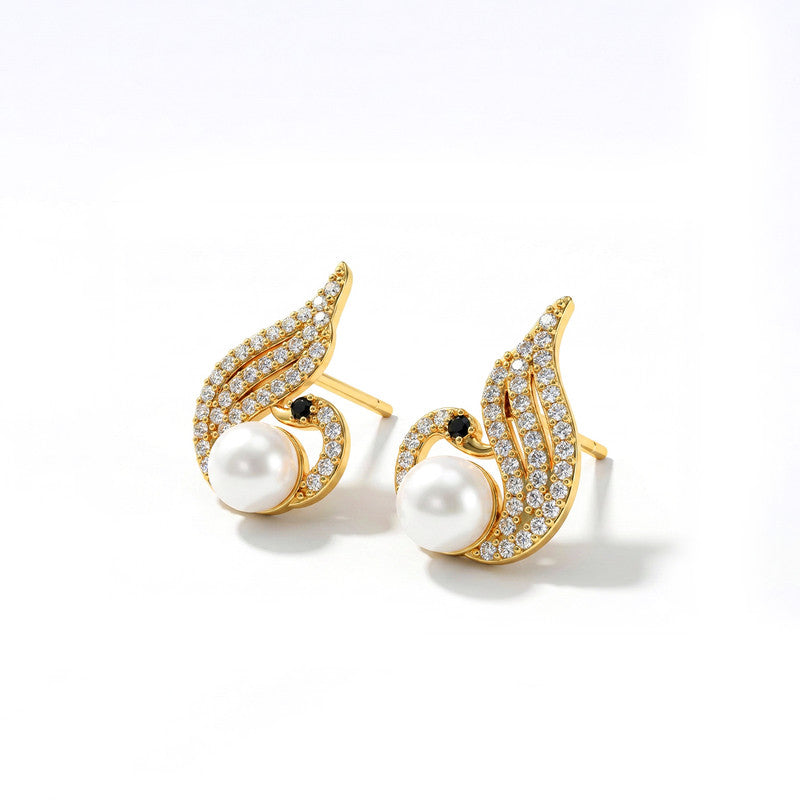 Pearl Swan Stud Earrings with Crystal Wings and Gold Finish for Women