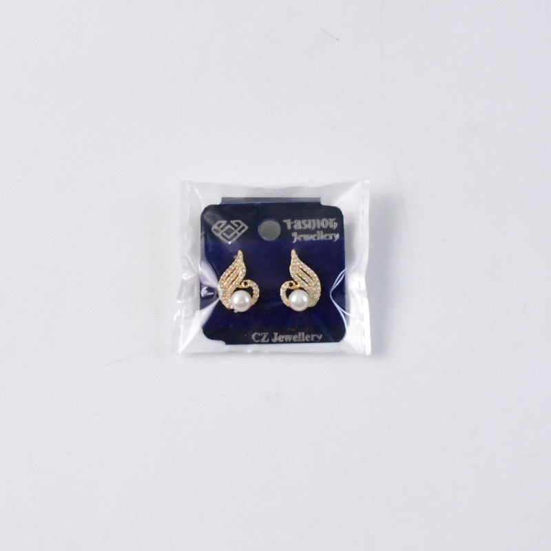 Pearl Swan Stud Earrings with Crystal Wings and Gold Finish for Women