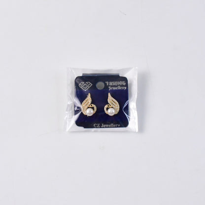 Pearl Swan Stud Earrings with Crystal Wings and Gold Finish for Women