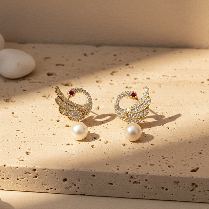 Pearl Drop Swan Design Stud Earrings with Crystal Detailing and Gold Finish