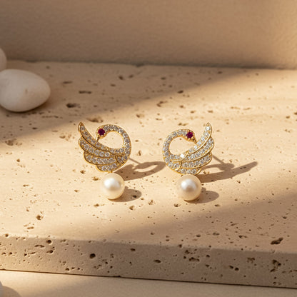 Pearl Drop Swan Design Stud Earrings with Crystal Detailing and Gold Finish