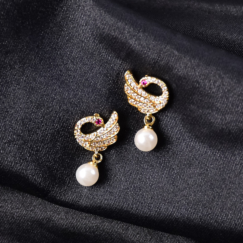 Pearl Drop Swan Design Stud Earrings with Crystal Detailing and Gold Finish