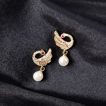 Pearl Drop Swan Design Stud Earrings with Crystal Detailing and Gold Finish