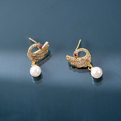Pearl Drop Swan Design Stud Earrings with Crystal Detailing and Gold Finish