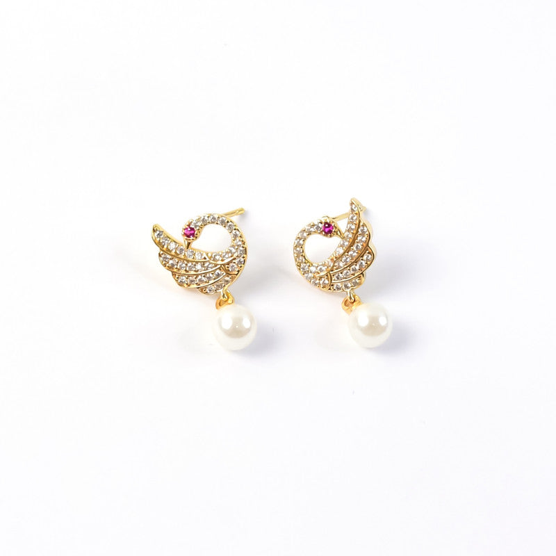 Pearl Drop Swan Design Stud Earrings with Crystal Detailing and Gold Finish