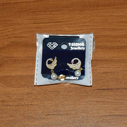 Pearl Drop Swan Design Stud Earrings with Crystal Detailing and Gold Finish