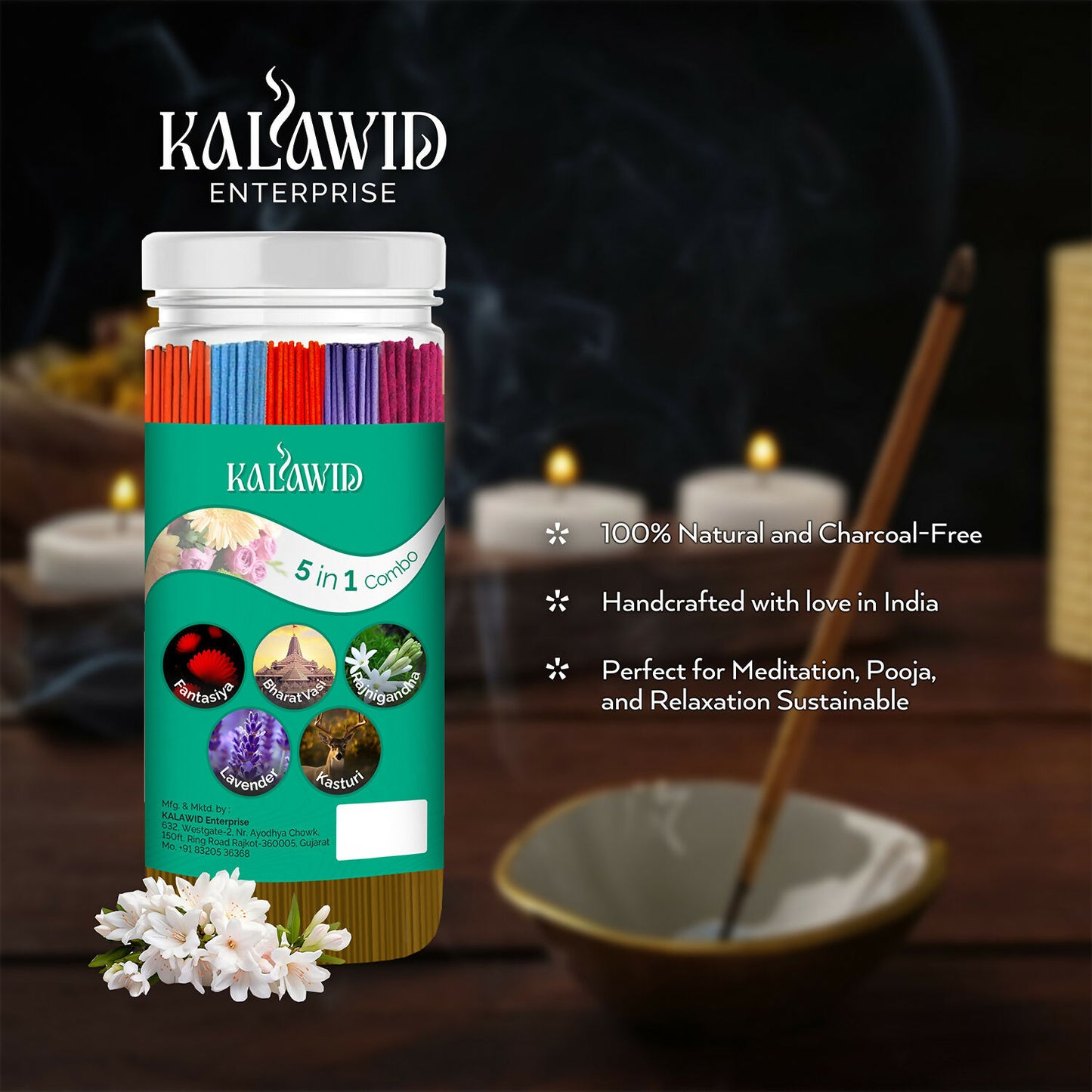 Premium Agarbatti 5 In 1 Combo with Fantasiya, Bharatvasi, Rajnigandha, Lavender, Kasturi Fragrances for Long Lasting Aroma (400 Gm)