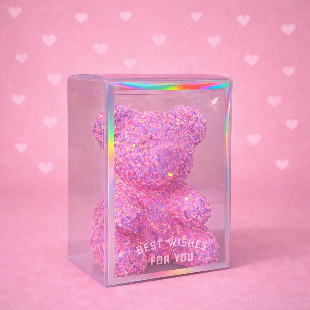 Shiny Teddy Bear Showpiece with Transparent Gift Box for Decoration
