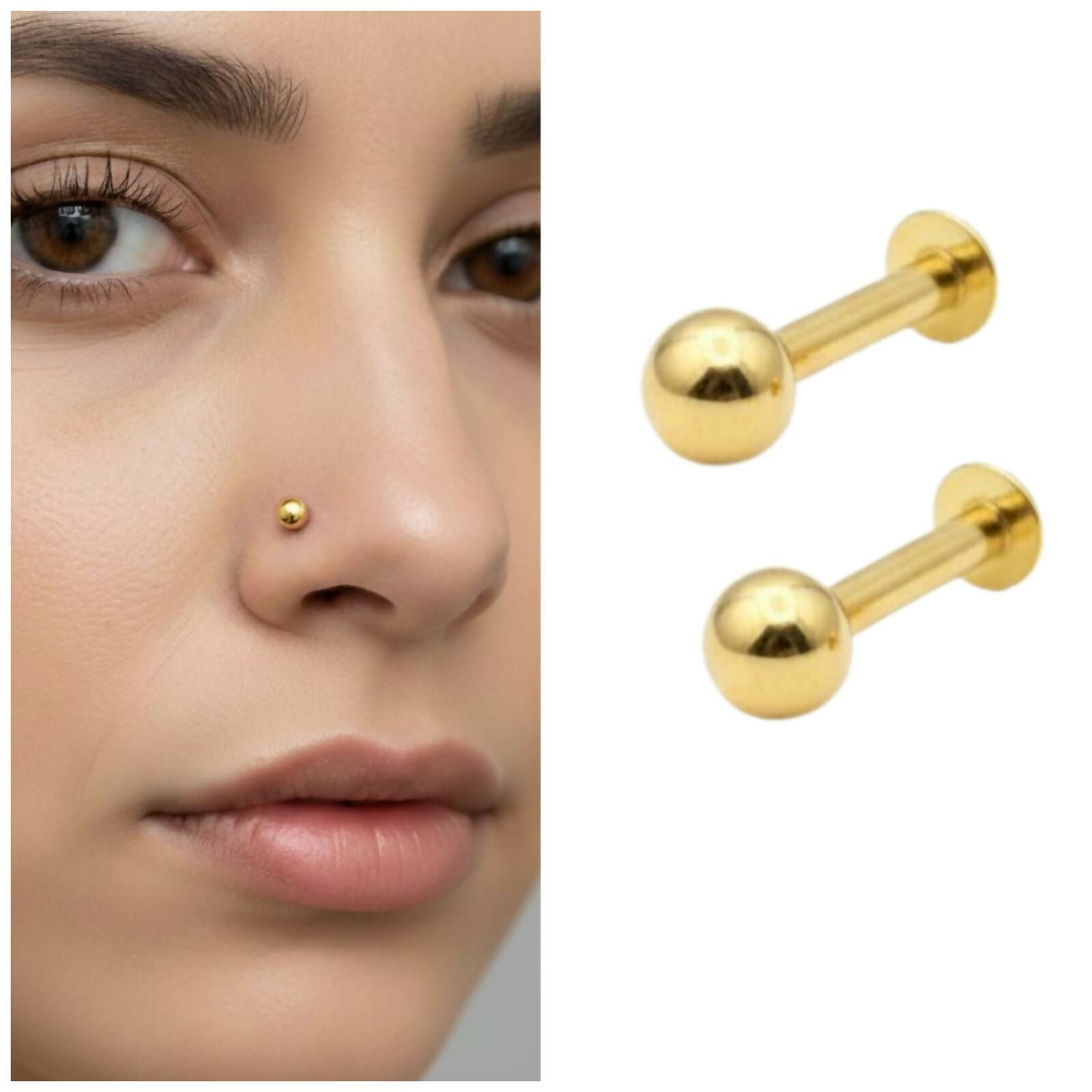 Gold pated Back Nosepin Laung Koka Nathni Internally Threaded Labret Combo Pack of 2