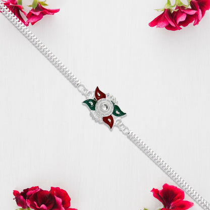 Silver Chain Rakhi Red Green Enamel Floral Design for Brother (5pcs)