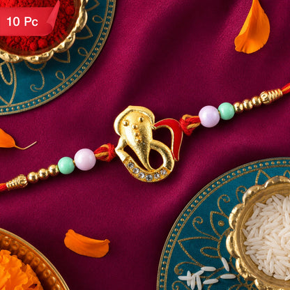 Ganesh Motif Designer Rakhi with Beaded Traditional Finish Work (10pcs)