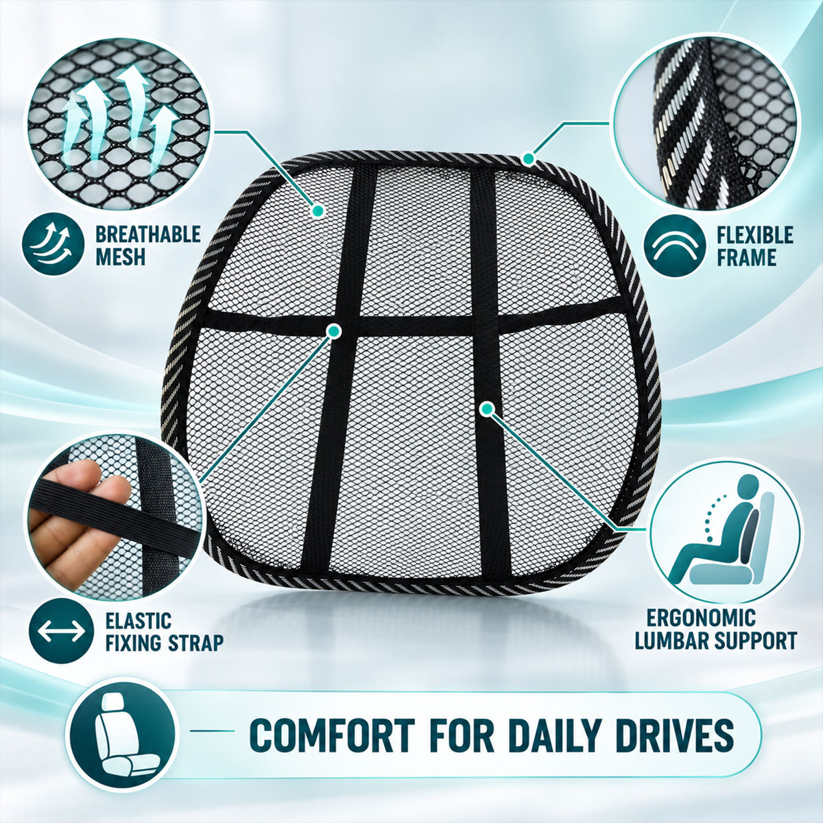 Breathable Mesh Car Seat Back Support with Elastic Strap (1 Pc)