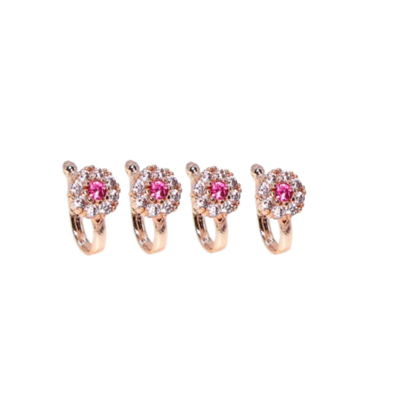 Rose Gold Plated Ruby Floral Non-Piercing Clip-On Nose Pin Combo Pack of 4