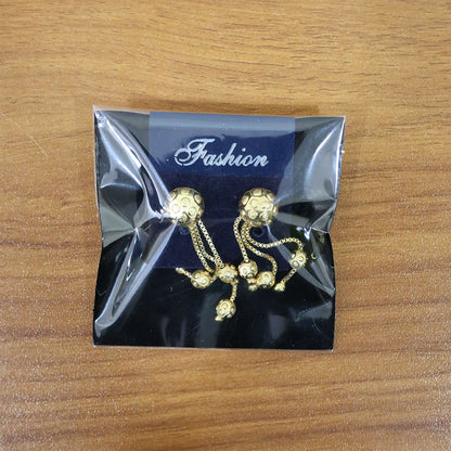 Gold Chain Tassel Style Earrings With Spherical Stud And Multi Strand Hanging Design