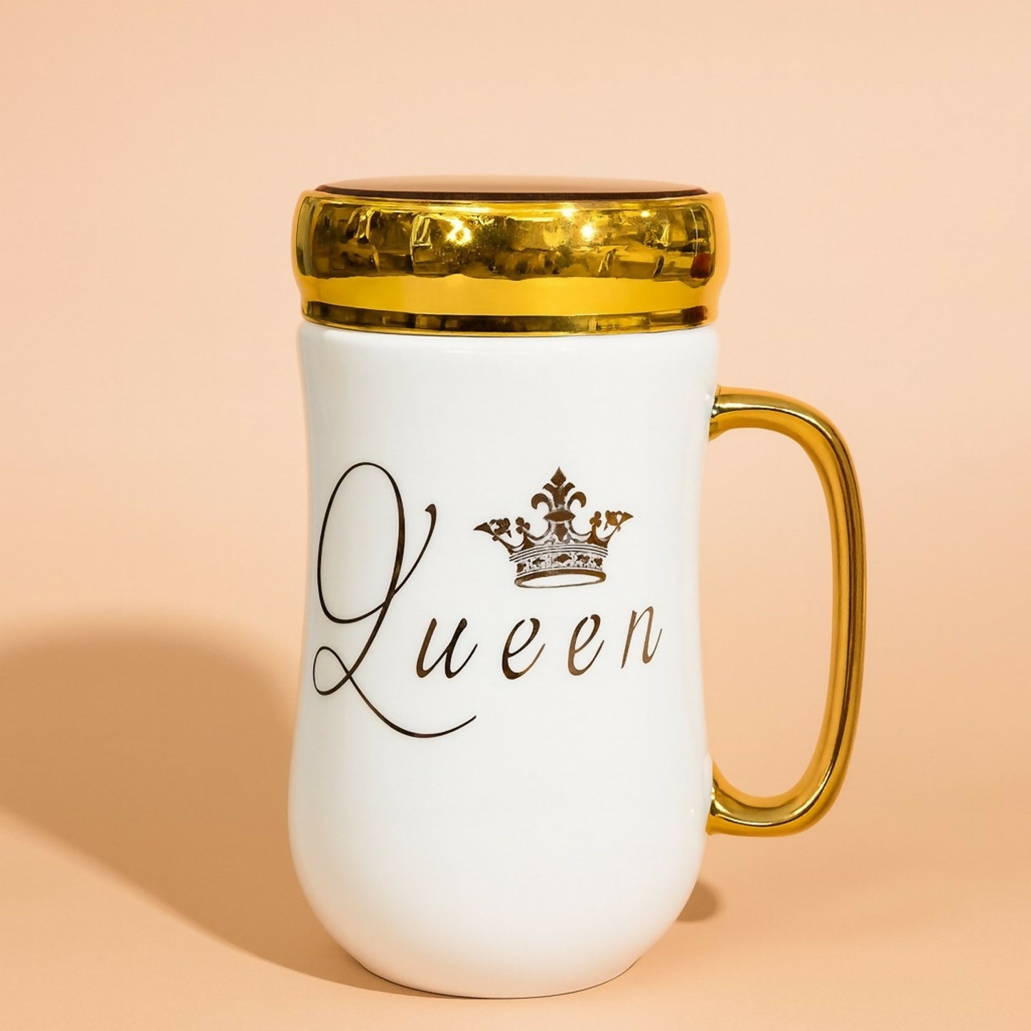 Premium Queen Ceramic Mug with Lid | Luxury Golden Handle & Crown Print | Stylish Tea & Coffee Cup for Women | Elegant Gift Mug for Wife, Girlfriend, Sister, Mom | Heat-Retaining Lid | Designer Mug for Home & Office (White – Queen Edition)