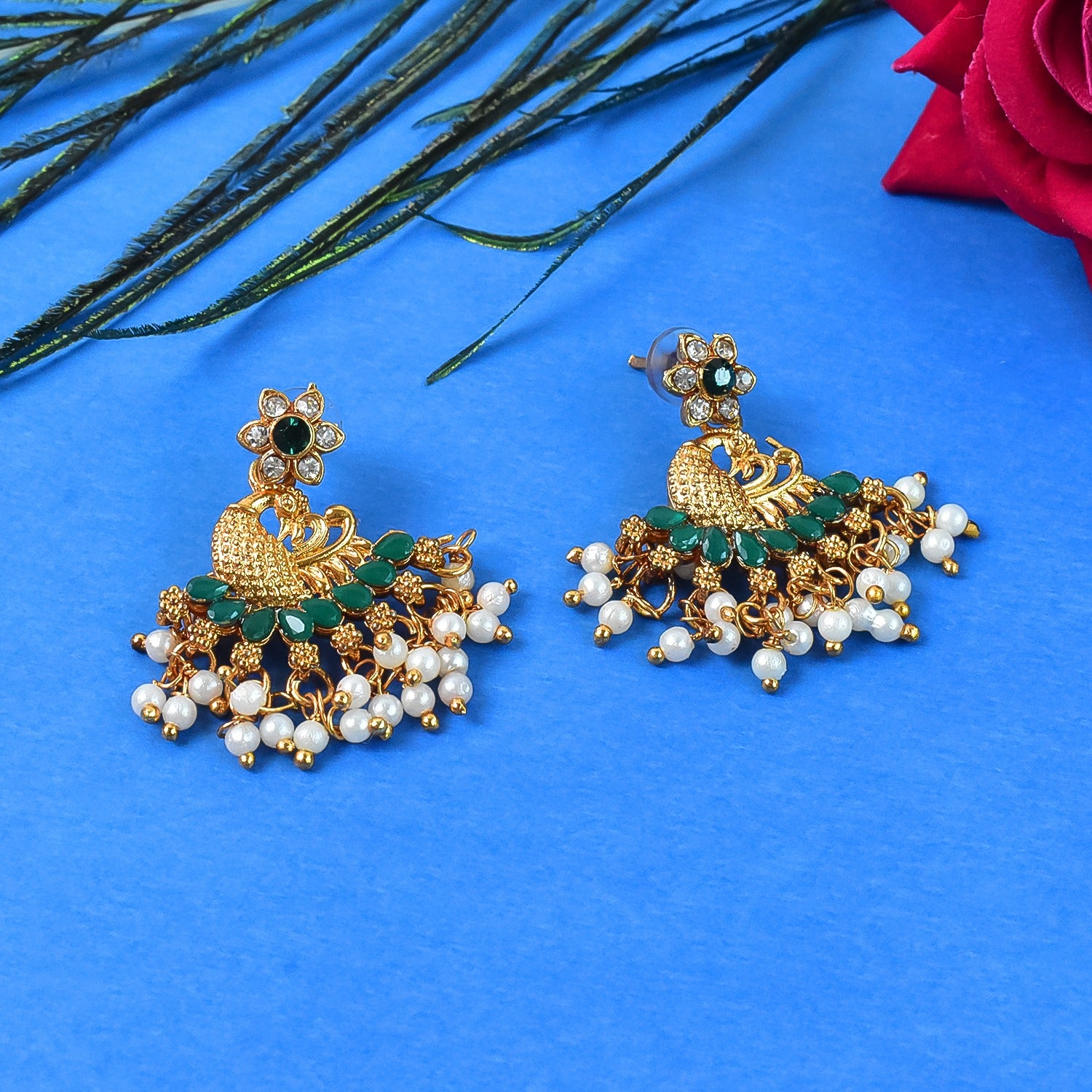 Beautiful Peacock Design American Diamond Pearl Earrings (1 Pair)
