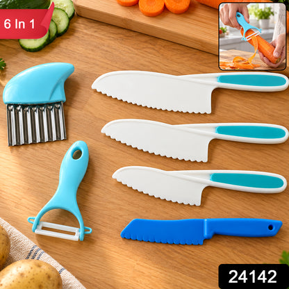 Kids Kitchen Set with Serrated Knives, Peeler and Crinkle Cutter (6 in 1)