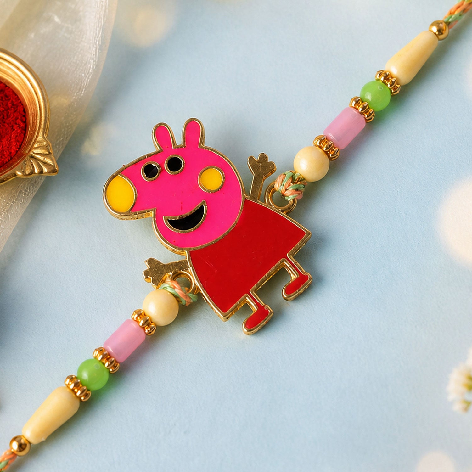 Cute Pink Piglet Cartoon Charm Rakhi for Kids