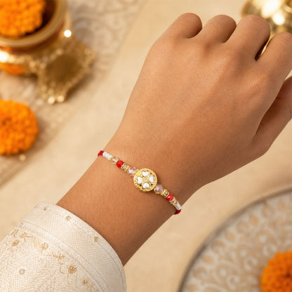 Divine Floral Medallion Bhai Bhabhi Rakhi with Flower Ring and Pearl Drops for Gift