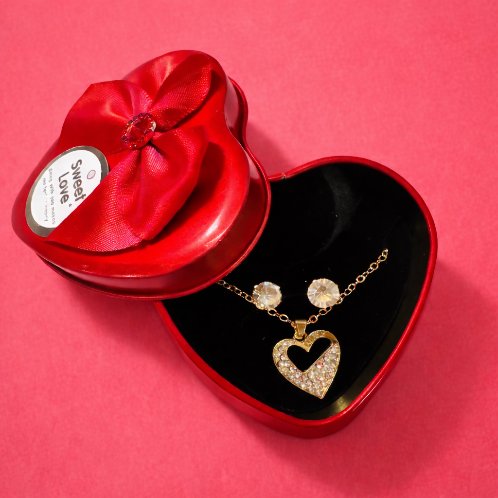 Heart Pendant Necklace Gift Set with Decorative Heart Box for Gifting ( DESIGN MAY VARY OF THE NECKLACE)