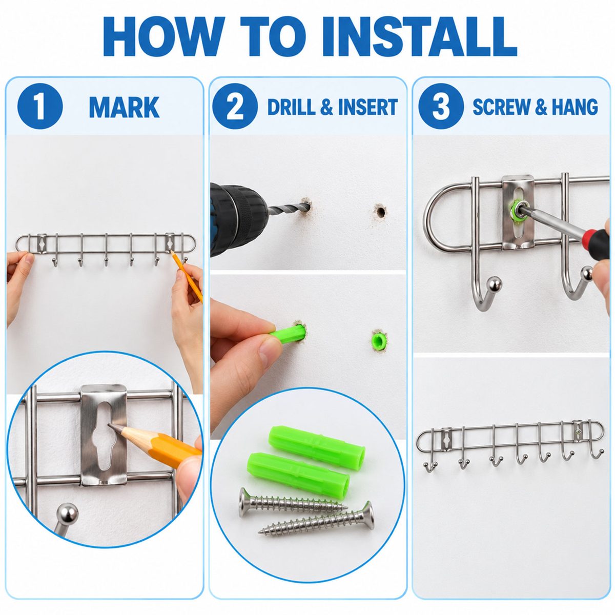 Steel Wall Mount Hanger Rack with 8 Rounded Hooks (1 Pc, Approx. 47 cm)