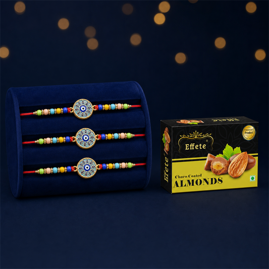 Evil Eye Rakhi Set with Choco Almonds, Pack of 3