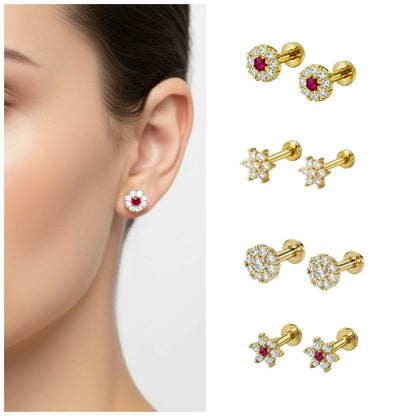 Close-up of Ruby and Cubic Zirconia gold plated flat back stud earrings for women