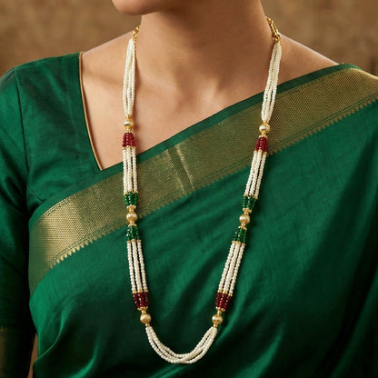 Multi-Layer Pearl Beaded Necklace with Red, Green & Gold Accents