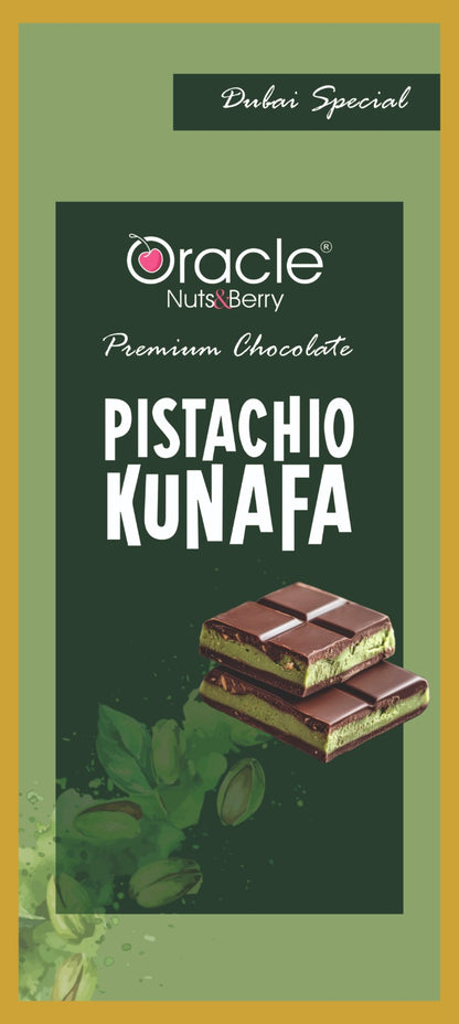 Cross-section of the chocolate bar revealing creamy pistachio and crispy kunafa layers.