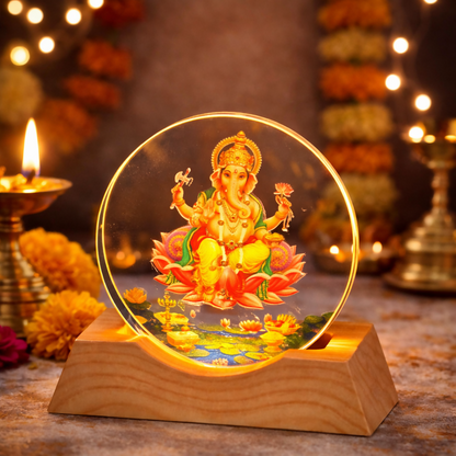 Lord Ganesha Acrylic LED Lamp with Wooden Base | Devotional Night Light