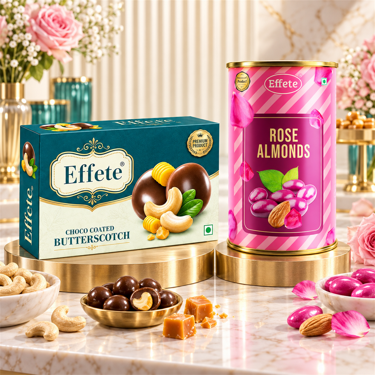 Effete Premium Rose Almonds with Choco Coated Butterscotch Treats for Festive Snacking
